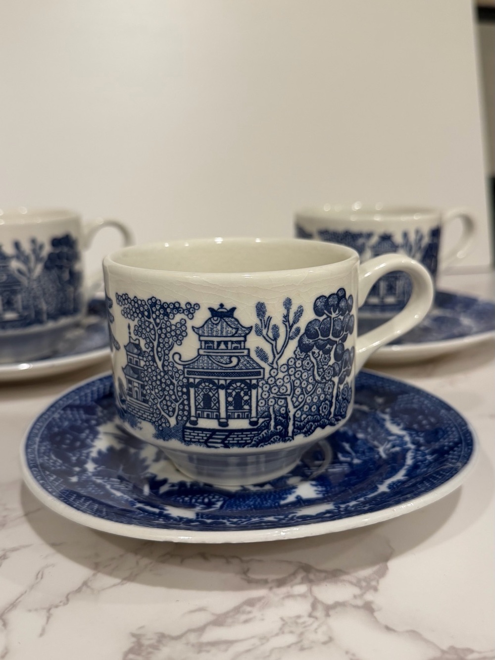 Blue willow cups and saucers. Set of 3. Grandmillenial. Traditional. Cottagecore